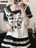 Aesthetic Preppy Short Sleeve T-shirts Contrast Color Salior Collar Sweet Kawaii Tops 2024 Women Fashion All Match Bow