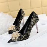 Zingj Sexy Banquet High Heels Fine Heel High Heels Shallow Pointed Pearl Flowers Rhinestone Women's Shoes Single