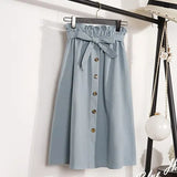 Autumn Skirts Womens 2021 Midi Knee Length Korean Elegant Button High Waist Skirt Female Pleated School