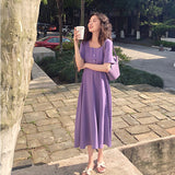 Women Soft Purple Popular Summer Minimalist Female Midi Maxi Retro High Waist Skinny Square Collar Chiffon Pleated