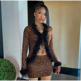 Tie Up Feather Leopard Print Tie Up Top And Mini Skirt Set- Outfit