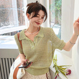 Crochet Knit Top Summer Polo Shirt Women 2022 Green Pink Short Sleeve Top Poloshirt Korean Fashion