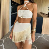 Sexy Tassel Women Two Piece Bikini Set Halter Lace Bra Tassel Mini Skirt Suit Beach Vacation Casual Female Bathing