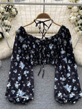 Summer French Style Print Short Blouse 2023 Long Sleeves Elastic Beach Top Women Fashion Backless Ruched Floral
