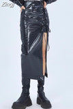 2 Piece Sets Womens Outfits Lace Up Black Shiny Crocodile Texture Leather Midi Skirt with Side Slit and Crop Top