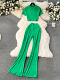 2024 Y2k Women Sets Short Skinny Crop Tops+Long Flare Pants Simple Style Fashion Streetwear Casual Two Pieces