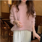 Zingj Wind Twist Diamond Sweater Korean Version Soft Waxy Retro Pure Color Cover Loose Thickened Sweater Female Tide-Outfit