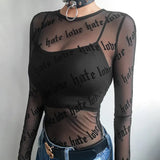 Women Mesh T-Shirts See-Through Perspective Tshirt Letter Printed O Neck Transparent Long Sleeve T Shirt Tops