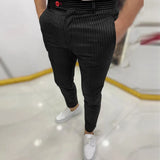 Spring Autumn Mid Waist Skinny Long Pants Business Casual Men's Slim Trousers Fashion Striped Printing Pencil Pants For