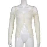 Y2K Fairycore Aesthetics Open Shoulder Zipper Slit Tops E-girl Fashion Sexy Wave Ruffles Long Sleeve T-shirt