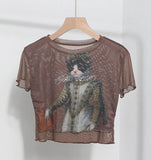 Front Double-Layer Mesh Hot Wood Ear Print Short-Cut Umbilly T-Shirt