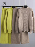 Winter Women Sweater Suits Thick Turtleneck Loose Sweater+ Wide Leg Long Pants Female Knitted Warm Two Pieces