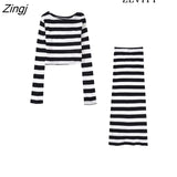 Women Fashion Striped Cropped Knit Sweater And High Elastic Waist Midi Skirts Female Two Piece Sets