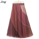 Long Skirt Women Fashion Contrast High Waist A-Line Pleated Skirt Harajuku Korean Style Black Mesh Midi Skirt Faldas