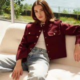 Red Solid Gold Button Jacket- Outfit