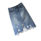 VAREY LIN 2025 New Spring Women Denim Skirts Casual Lace Irregular A-line Skirts High Waist Hole Split Denim Skirt Lady 211-1-Outfit
