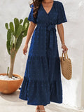 Maxi Dress Women Elegant Jacquard Sundress Female Boho Beach Green Long Dress Loose Retro Short Sleeve