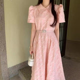 Zingj Chic Summer Age Reduction Doll Collar Bow Jacquard Waist Show Thin Bubble Sleeve Dress With Belt