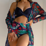 2024 New Bikini Gathering Sexy Mesh Three-Piece Set Of Split-Print Swimsuit