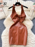 Halter PU Leather Short Dress Streetwear Fashion Sleeveless Halter Backless Hollow Out Sheath Sexy Midi