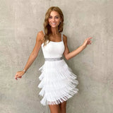 Women Crystal Sling Square Collar Sexy Backless Fashion Tassel Slim Fit Hip Formal Dress Sequined Bodycorn Party Shiny