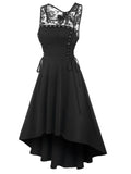 Lace Up High Low Midi Irregular Dress Women Lace Insert Black Sleeveless High Stretch Summer