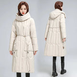 Medium-Long Hooded Warm Cotton-Padded Jacket 2024 New Winter Korean Version Of The Waist Show Thin Pure Color Cotton-Padded Coat Mother Coat-Outfit