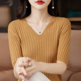 Zingj The Summer Of 2023, Women's Knit Short Sleeve Korean V-Neck Solid Color T-Shirt And A Pit Top-Outfit