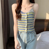 Women Fungus Buttons Cropped Tanks Tops Girls Knitted Sweet Chic Slim Thin Tee shirts Camis Crop Top for Female