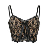 Aesthetic Lace Crop Tops Women Back Zip Up Dark Academia E Girl Clothes Double Layer V Neck Sexy Cami Top