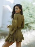 Printed Deep V Flare Sleeve Shirt Suits Women Sexy Short Pleated Mini Skirt Set Summer Beach Vacation Street Casual