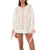Women Y2K Kawaii Knitted Long Sleeve Crew Neck Hollowed Contrast Color Loose Pullovers Warm Sweater for Fall