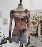 Real Shooting Lace Splicing Oblique Shoulder Thin Tie-Dye Mesh T-Shirt Girl T-Shirt T-Shirt Shawl T-Shirt