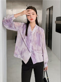 Tie Dye Chiffon V Neck Long Sleeve Top And Blouse Korean Fashion Lantern Sleeve Ladies Top Button Up Shirt