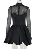 Black Turtleneck Sheer Long Sleeve Satin Mini Dress- Outfit