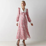 Zingj Early Spring Temperament Design Sense Print Long Skirt Doll Collar Waist Show Thin New Long-Sleeved Dress-Outfit