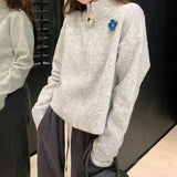 Zingj And Autumn New Three-Dimensional Flower Gray Zipper Half Turtleneck Sweater Coat Female Versatile Loose Short Knit Cardigan-Outfit