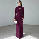 Winter Women's New Fashion Temperament High-Collar Emptiness Folding Solid Color Long-Sleeved Dress
