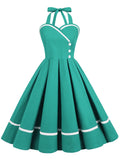 Women Summer Elegant Halter Sexy Party Pleated Dress Pinup Casual Solid Vintage Swing 50s 60s Retro Rockabilly Dresses