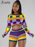 Women Winter 2023 New Colorful Plaid Printed Street Casual National Style Sweater Two Pieces Sets Elastic Skinny