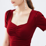 Square Collar Puff Sleeve T-shirt for Summer Spring Red Atchwork Slim Women Shirt Tops Harajuku Korean Women's