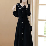 Zingj Summer Dress Long Sleeves Large Size Hepburn Wind Reduce Age, High Waist Show Thin Black Medium Long Fashion Skirt Woman-Outfit