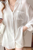 Korean Fashion Wrinkle Women Sun Proof Shirt Elegant Ice Silk Long Sleeve White Blouse Loose All Match Lazy Wind Tops