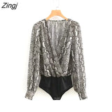 2021 Women Sexy Cross V Neck Snake Skin Print Patchwork Bodysuits Office Lady Serpentine Slim Siamese Chic Romper