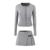 Knit Buttoned Long Sleeve Top And Pleated Mini Skirt-Outfit