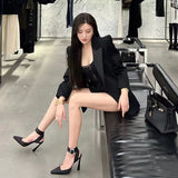 Women's 2025 Show Bao Head One-Word Water Drill Buckle Women's Shoes Fine Heel Black Silk Satin Giant Beauty Single
