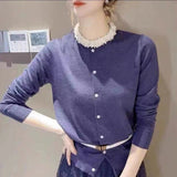 Gray Round Collar Long Sleeve Knit Cardigan Small