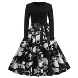 Women Pumpkin Print Party Dress Black Streetwear Gothic Long Sleeve O Neck Vintage Casual Robe Femme Halloween