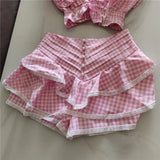Plaid Ruffle Crop Top And Shorts Set- Outfit