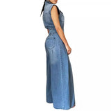 Zingj Women's New Casual Wash Sleeveless Jeans Joined Wide-Leg